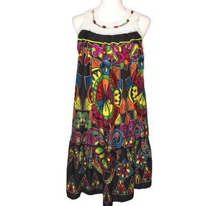 Colorful Boho Embroidered Floral Crochet Neck Dress M/L Midi Festival Summer